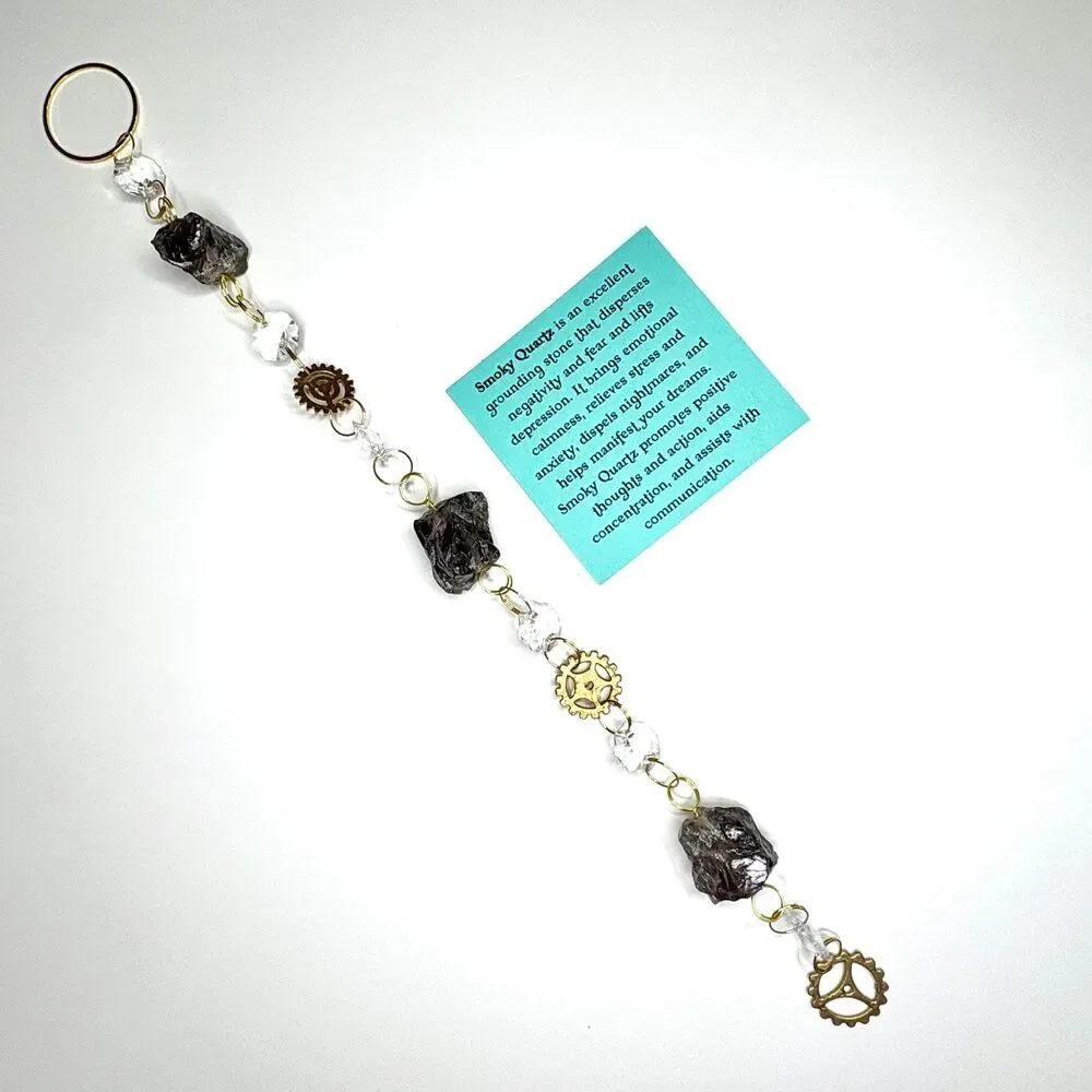 Raw Smoky Quartz Hanging | Steampunk Gear Charm | Grounding Stone Stress Relief